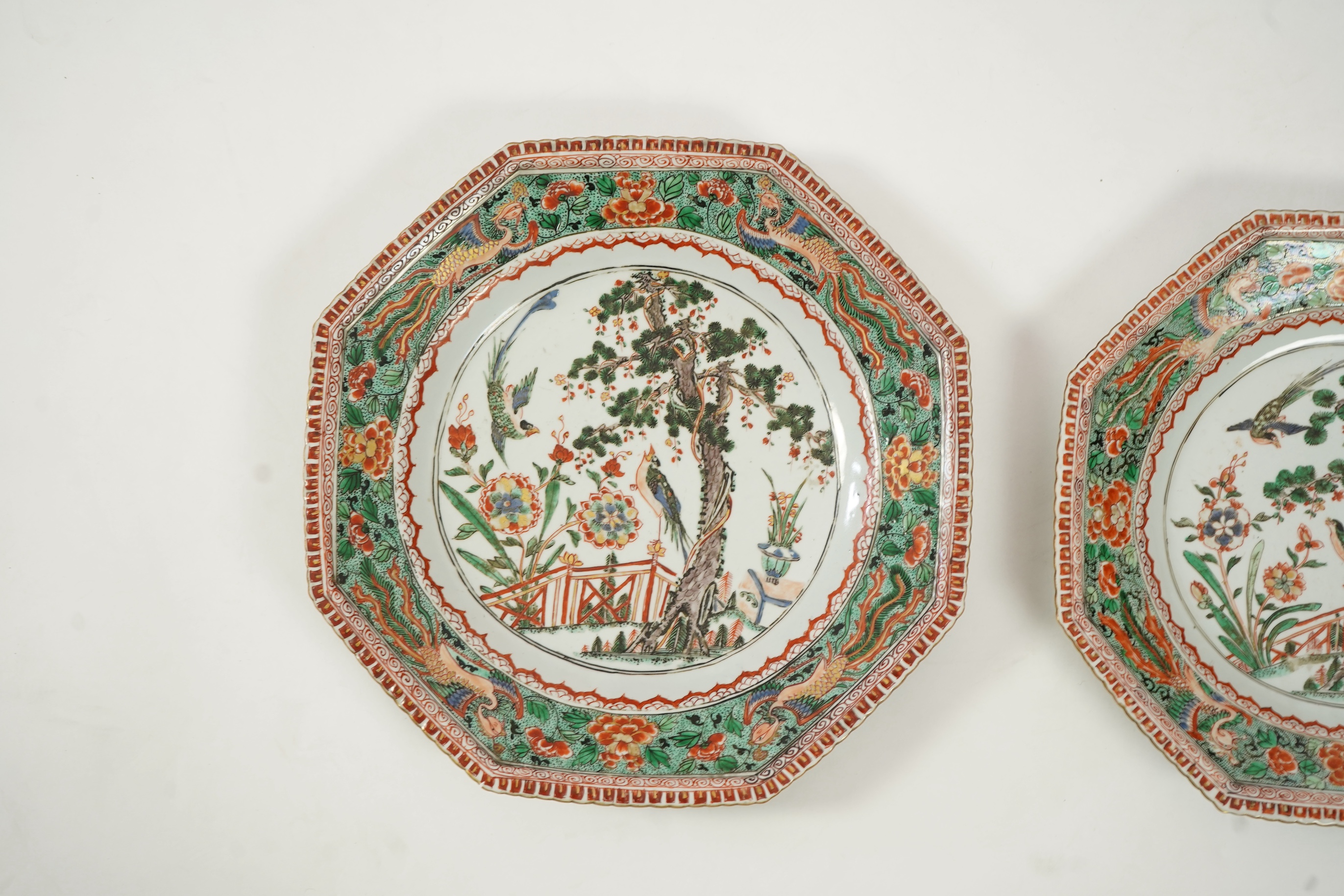 Two graduated Chinese famille verte octagonal dishes, Kangxi period